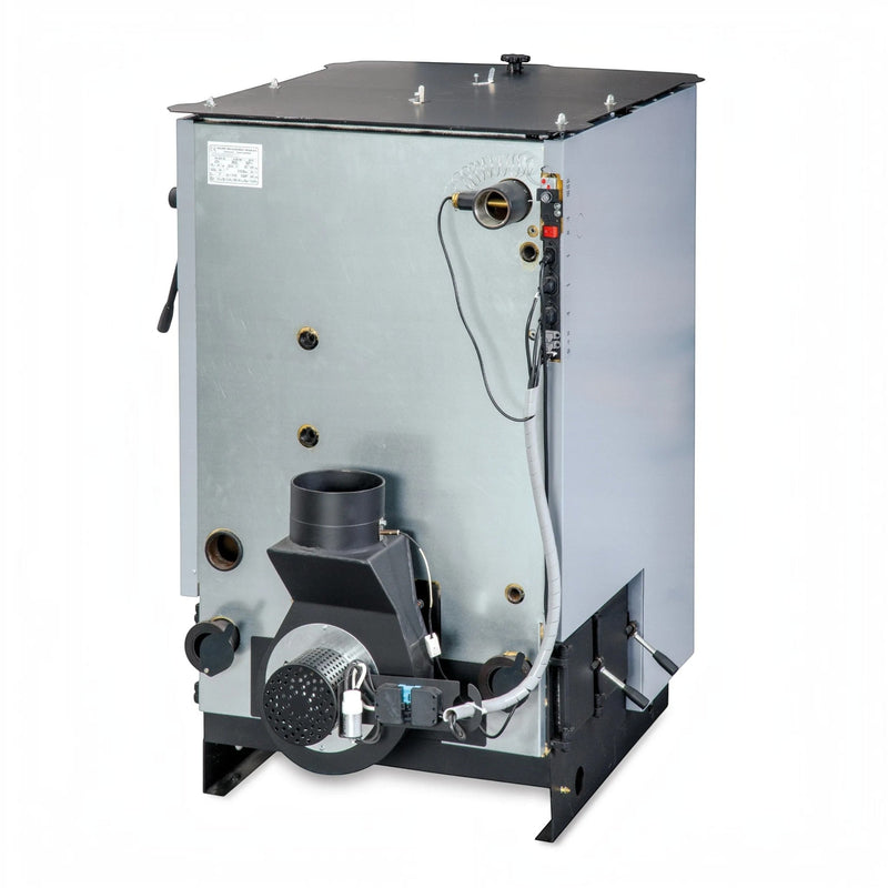 GEMA Shop Holzvergaserkessel ROJEK PK BIO 30 mit 30 kW, Rückansicht inklusive Rauchgasventilator und Anschlüssen