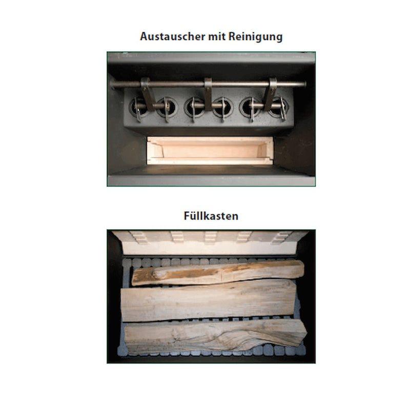 GEMA Shop Holzvergaserkessel ROJEK PK BIO 49: Ansicht des Wärmetauschers mit Reinigungshebel und der großen Füllkammer.