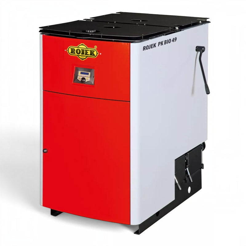 GEMA Shop ROJEK PK BIO 49 Holzvergaserkessel mit roter Front, elektronischer Regelung und seitlichem Reinigungshebel