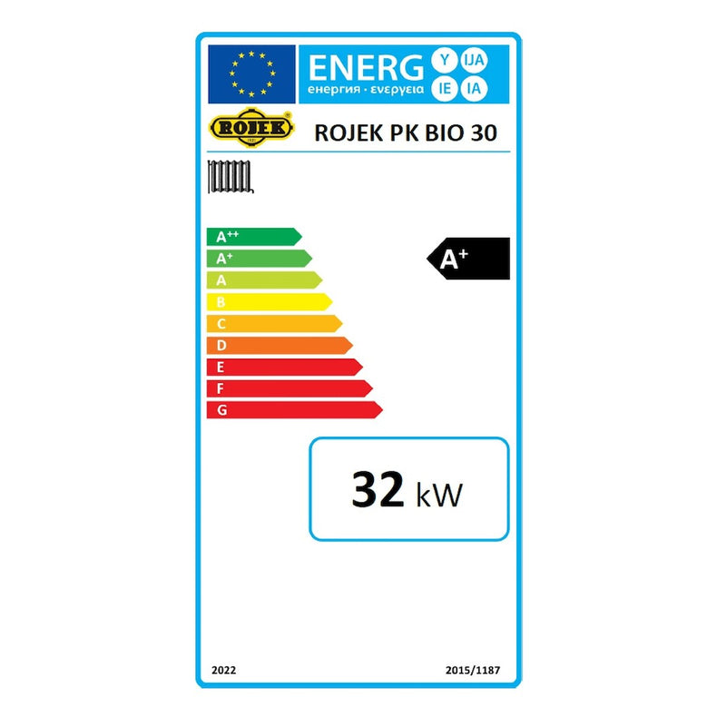 GEMA Shop Energieeffizienzlabel für den Holzvergaserkessel ROJEK PK BIO 30 mit A+ Einstufung