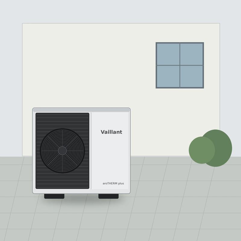 GEMA Shop Vaillant aroTHERM plus Luft-Wasser-Wärmepumpe in weißem Gehäuse zur Außenaufstellung vor einer Hauswand