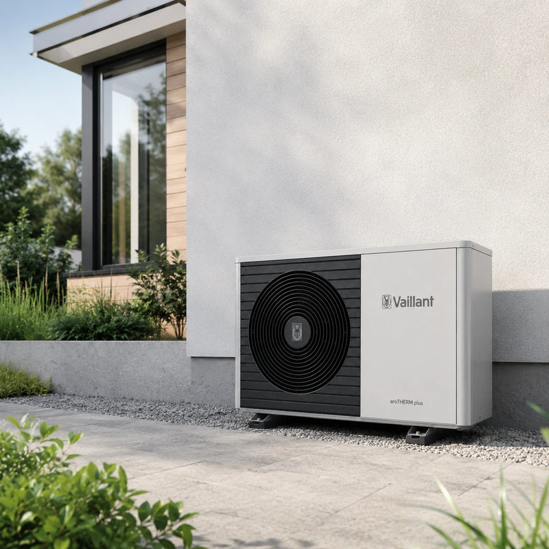 GEMA Shop Vaillant aroTHERM plus Luft-Wasser-Wärmepumpe in modernem Design vor einer Hauswand im Außenbereich