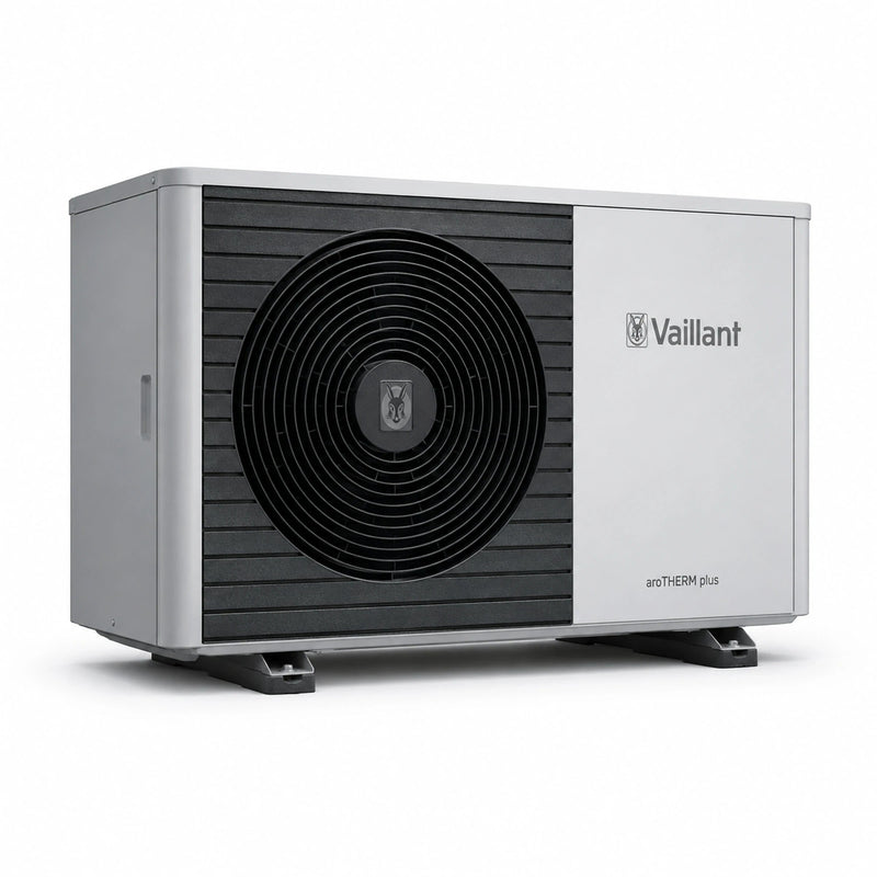 GEMA Shop Vaillant aroTHERM plus Luft-Wasser-Wärmepumpe in Grau mit schwarzem Lüftergitter für effizientes Heizen