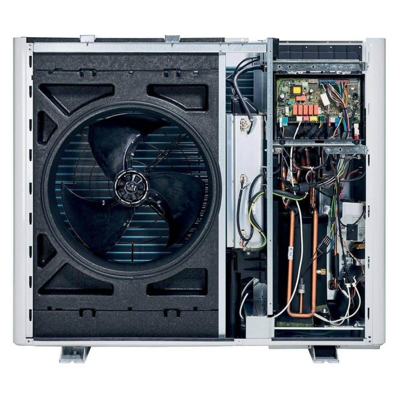 GEMA Shop Vaillant aroTHERM plus VWL 105/6 A S2 Luft-Wasser-Wärmepumpe mit geöffnetem Gehäuse und technischer Ansicht