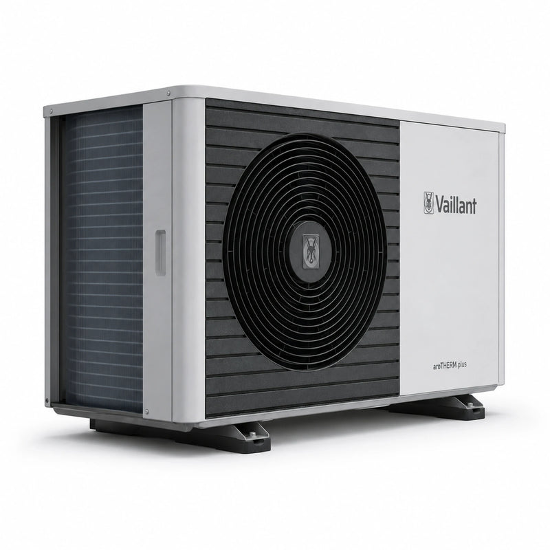 GEMA Shop Vaillant aroTHERM plus VWL 35/6 A S2 Luft/Wasser-Wärmepumpe in modernem, weißem Design mit schwarzem Lüfter