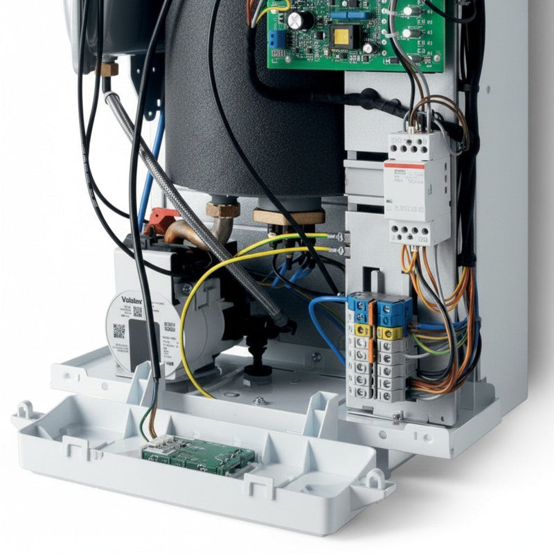 Innenansicht des GEMA Shop Vaillant eloBLOCK VE 14/14 EU I Elektrokessels mit sichtbarer Technik und Verkabelung
