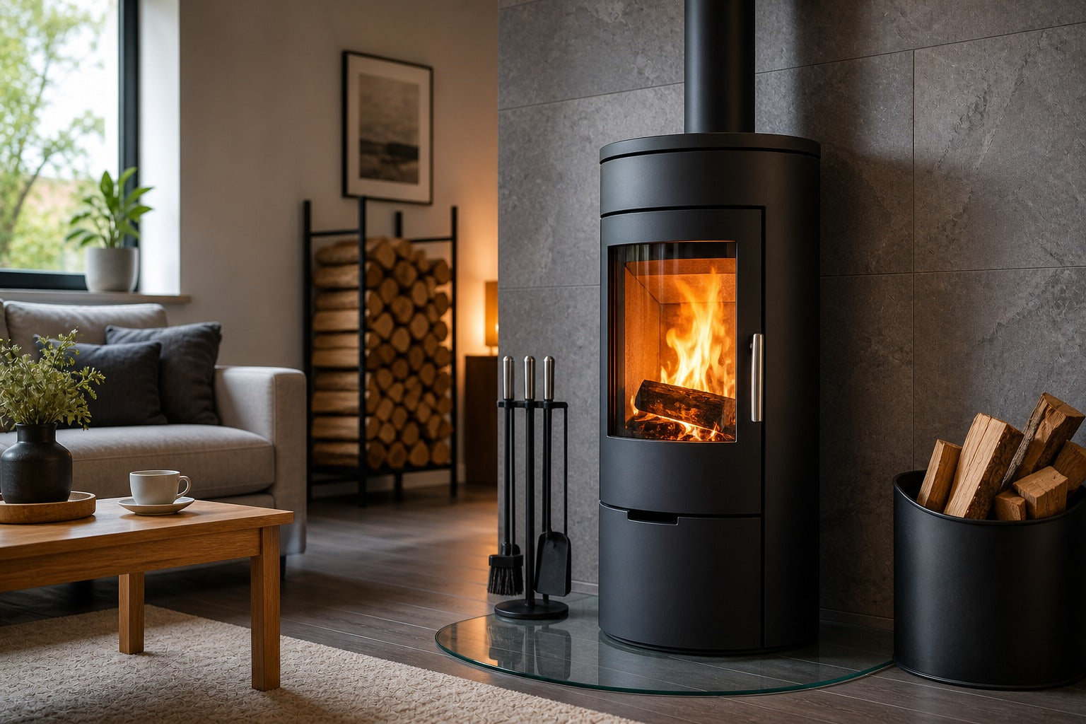 Kaminofen Komplettpaket mit Holzofen, Ofenrohr und Kaminzubehör im modernen Wohnraum