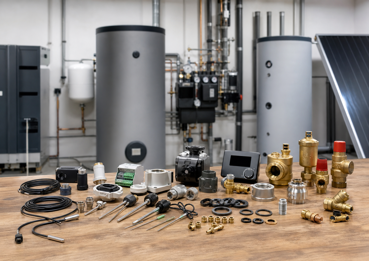 Sunex Ersatzteile für Speichertechnik und Solarthermie in sauberer technischer Werkstattumgebung