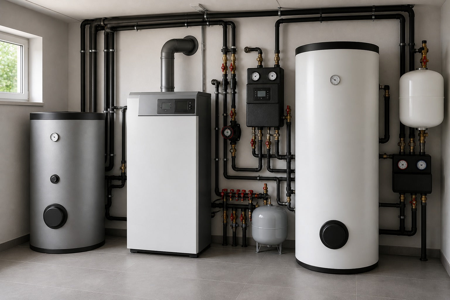 Komplettpakete für Heiztechnik mit Kessel, Speicher und Systemkomponenten im modernen Heizraum