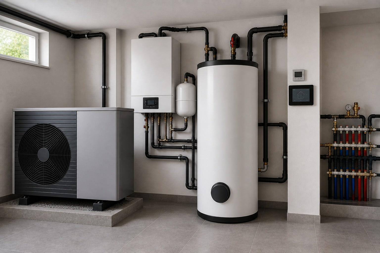 Wärmepumpen-Komplettpaket mit Außeneinheit, Speicher und Systemtechnik im modernen Heizraum