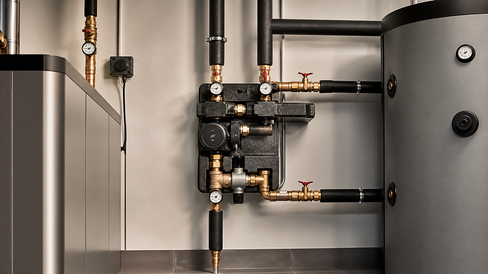 Rücklaufanhebung im modernen Heizungsraum mit Pumpengruppe, Armaturen und sauberer Installation