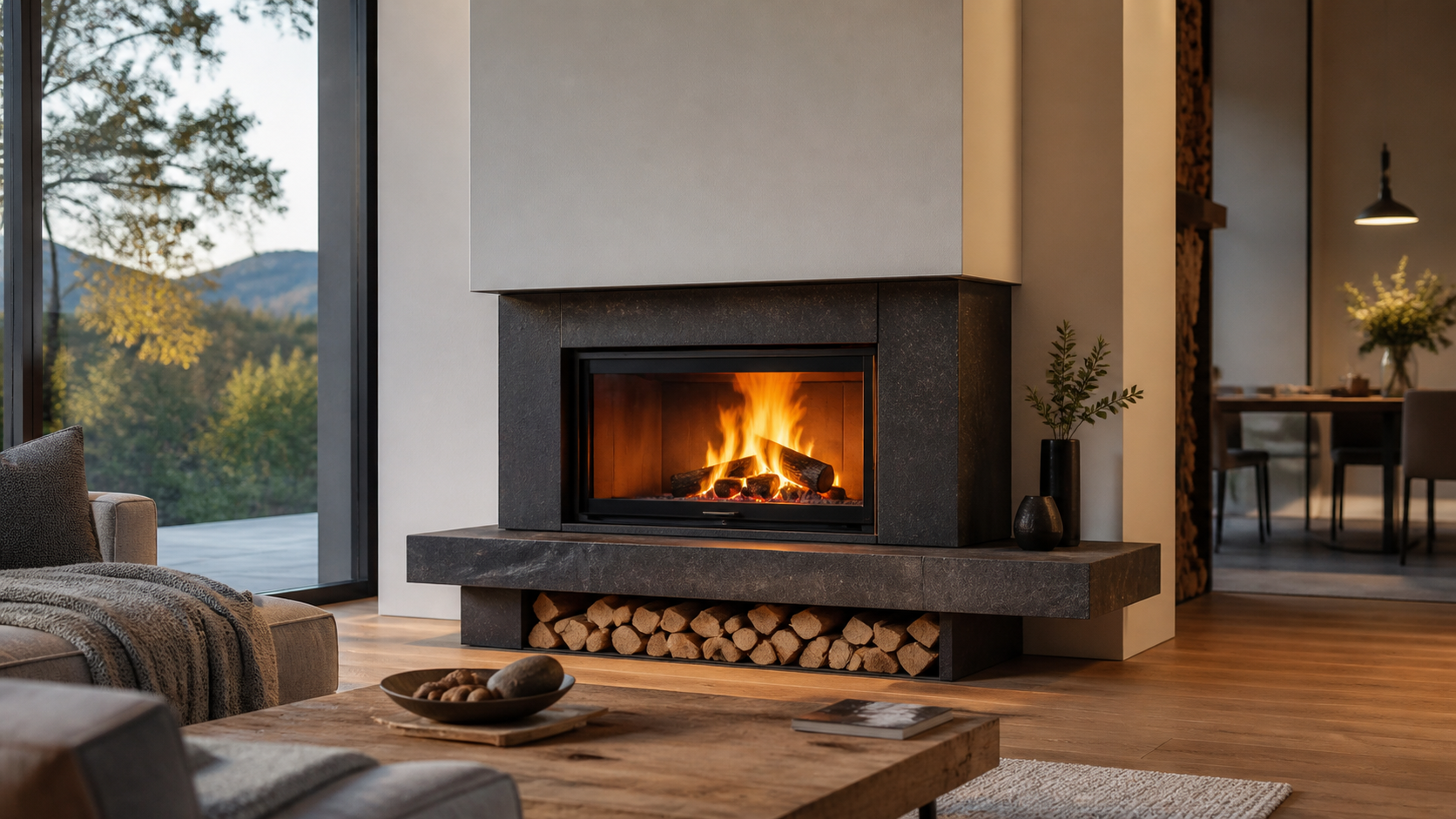 Moderner Scheitholz-Kamin im Wohnraum mit sichtbarer Flamme und ordentlich gelagertem Brennholz