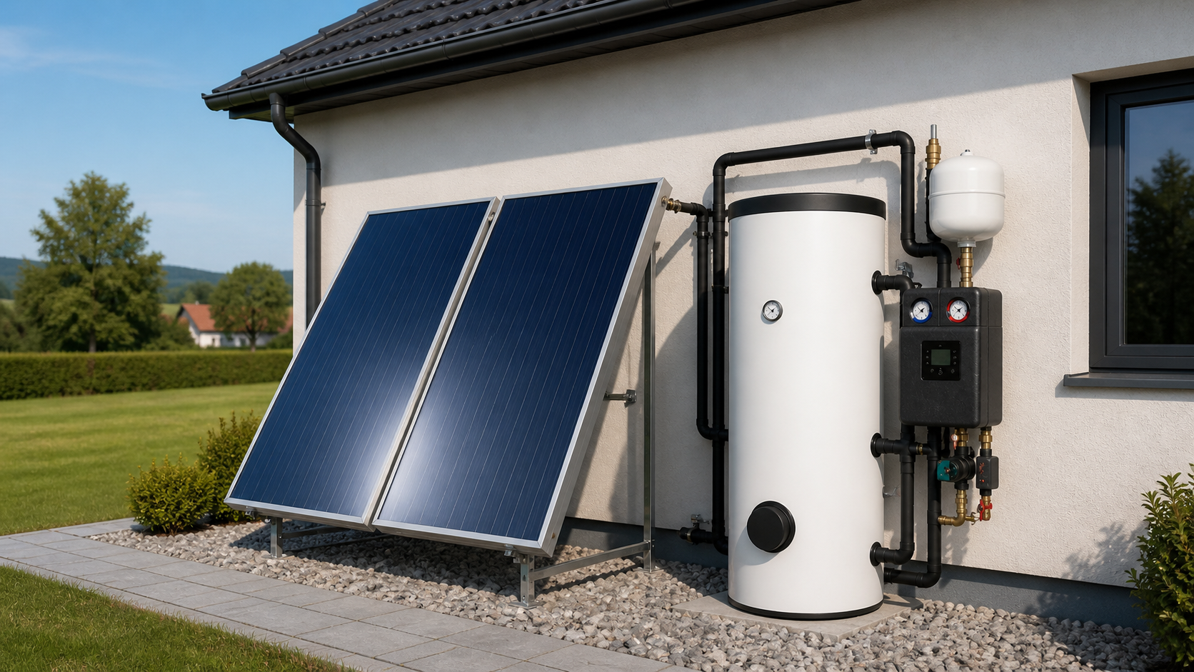 Solarthermie-Komplettpaket mit Kollektoren, Speicher und Systemtechnik im modernen Heizraum