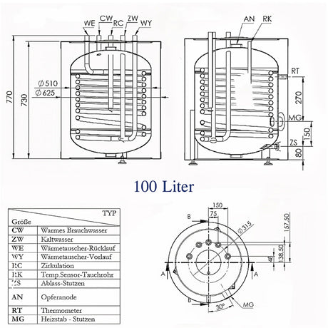 Warmwasserspeicher Trinkwasserspeicher 100 Liter mit 11/2" Anschluss für PV.