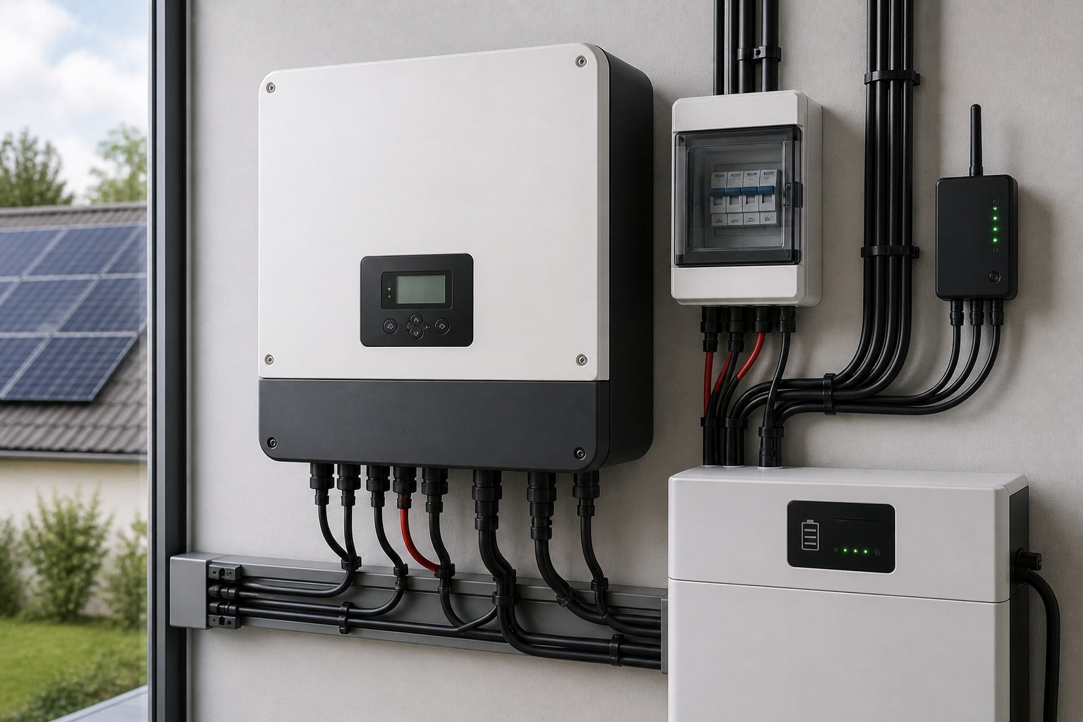 Wechselrichter mit PV-Anlage, Stromspeicher und sauberer Elektroinstallation im Technikraum